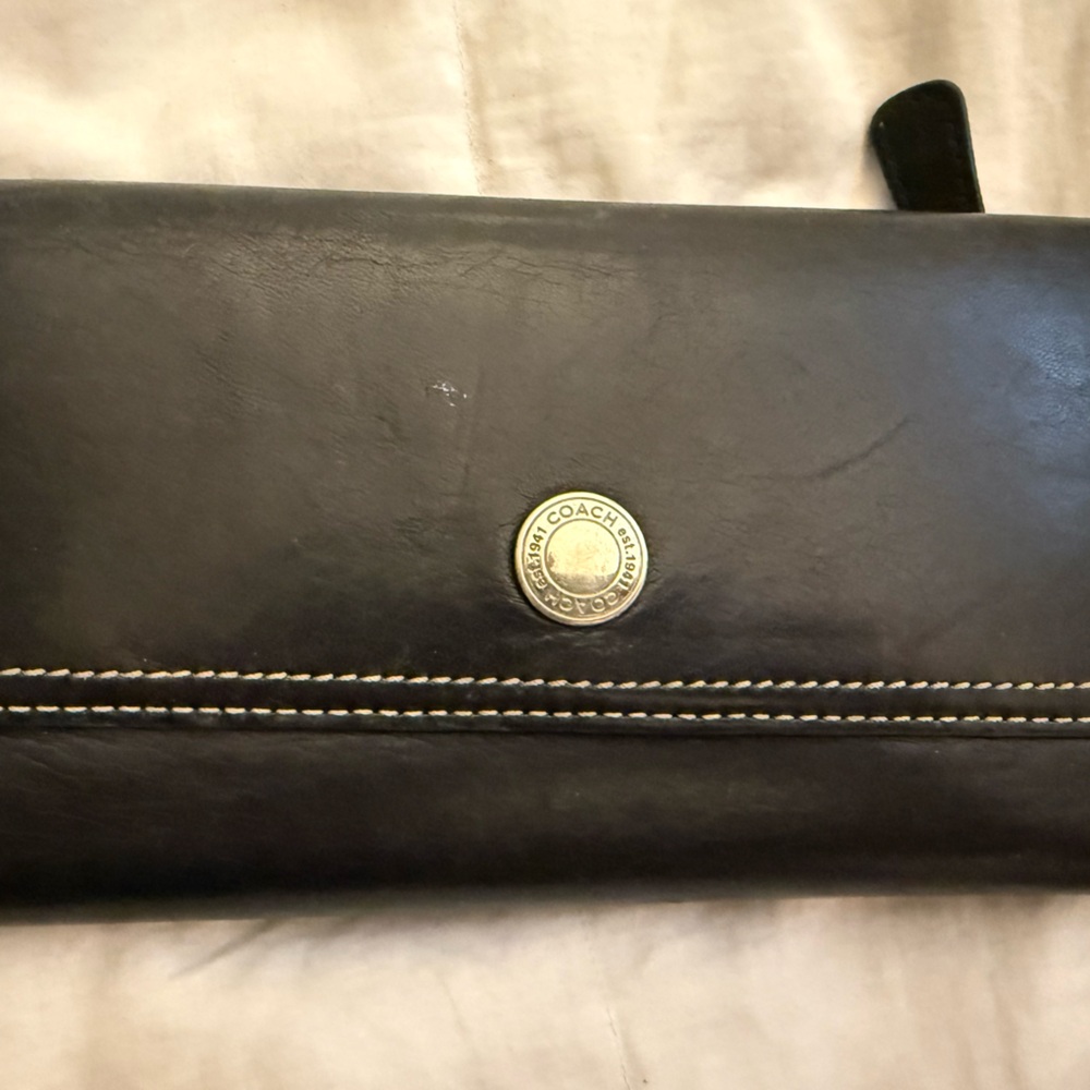 Black leather coach trifold wallet